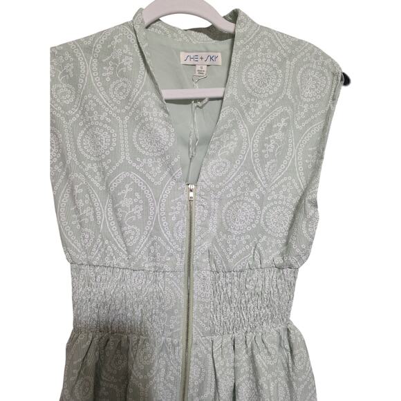 She + Sky Sage Green Paisley Midi Dress Front Zip Smocked Waist Sleeveless S - Picture 3 of 7